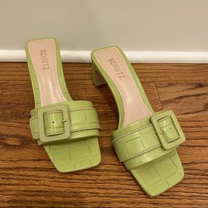 Schutz faux leather Jessy Mule in Mellow Green